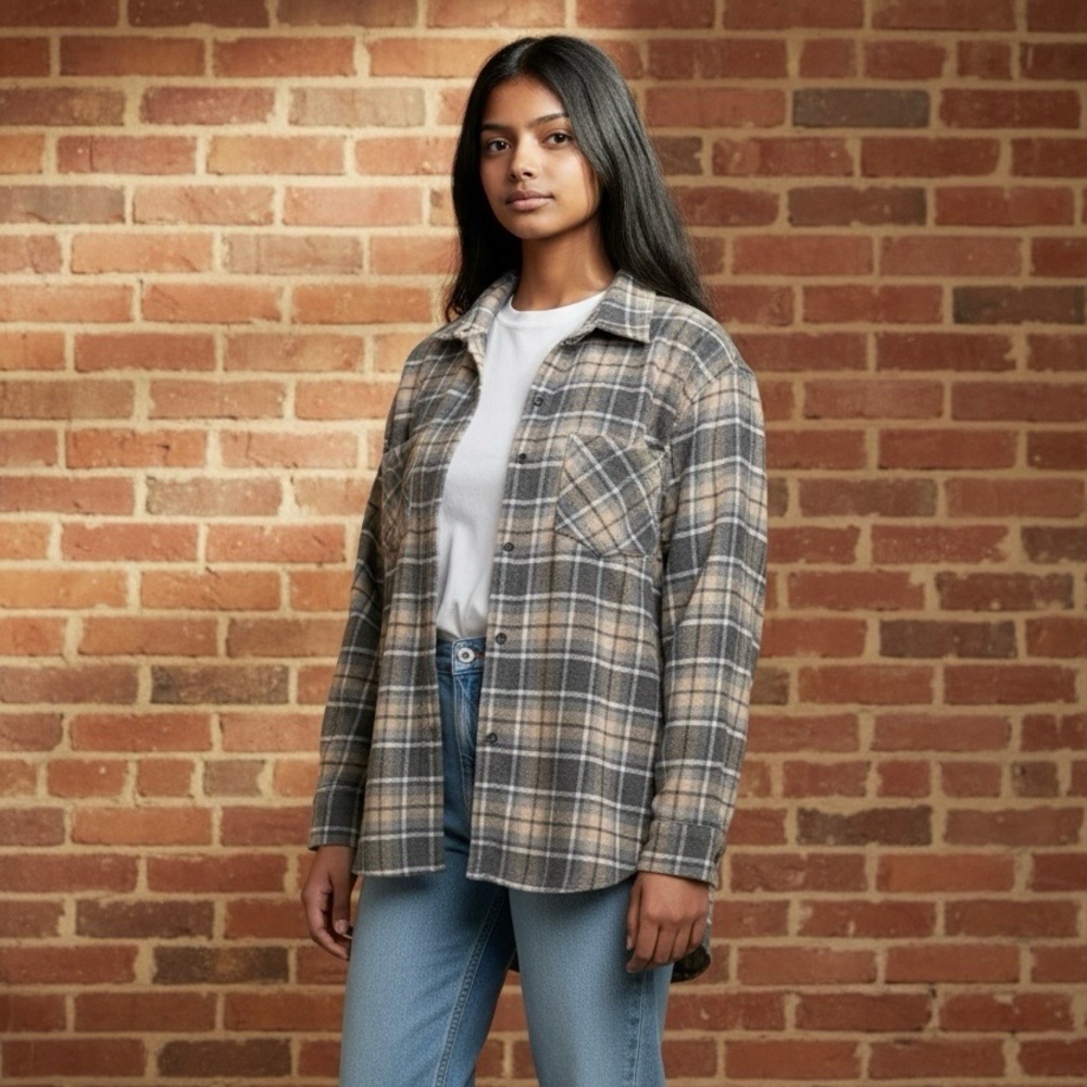 Jenni Kayne Wool Blend Plaid Shacket Women’s M Neutral Brown Gray Shirt Jacket